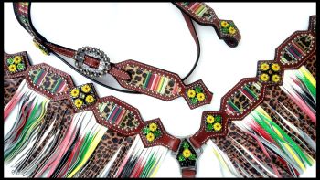 Showman Cheetah&#47; Serape print browband headstall and fringe breast collar set #4